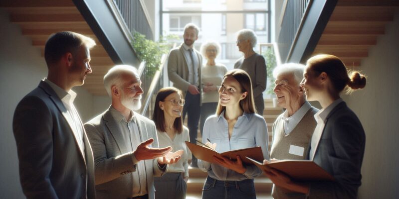 Társasházi közgyűlésre készülő lakók és közös képviselő egyeztetése a lépcsőházban